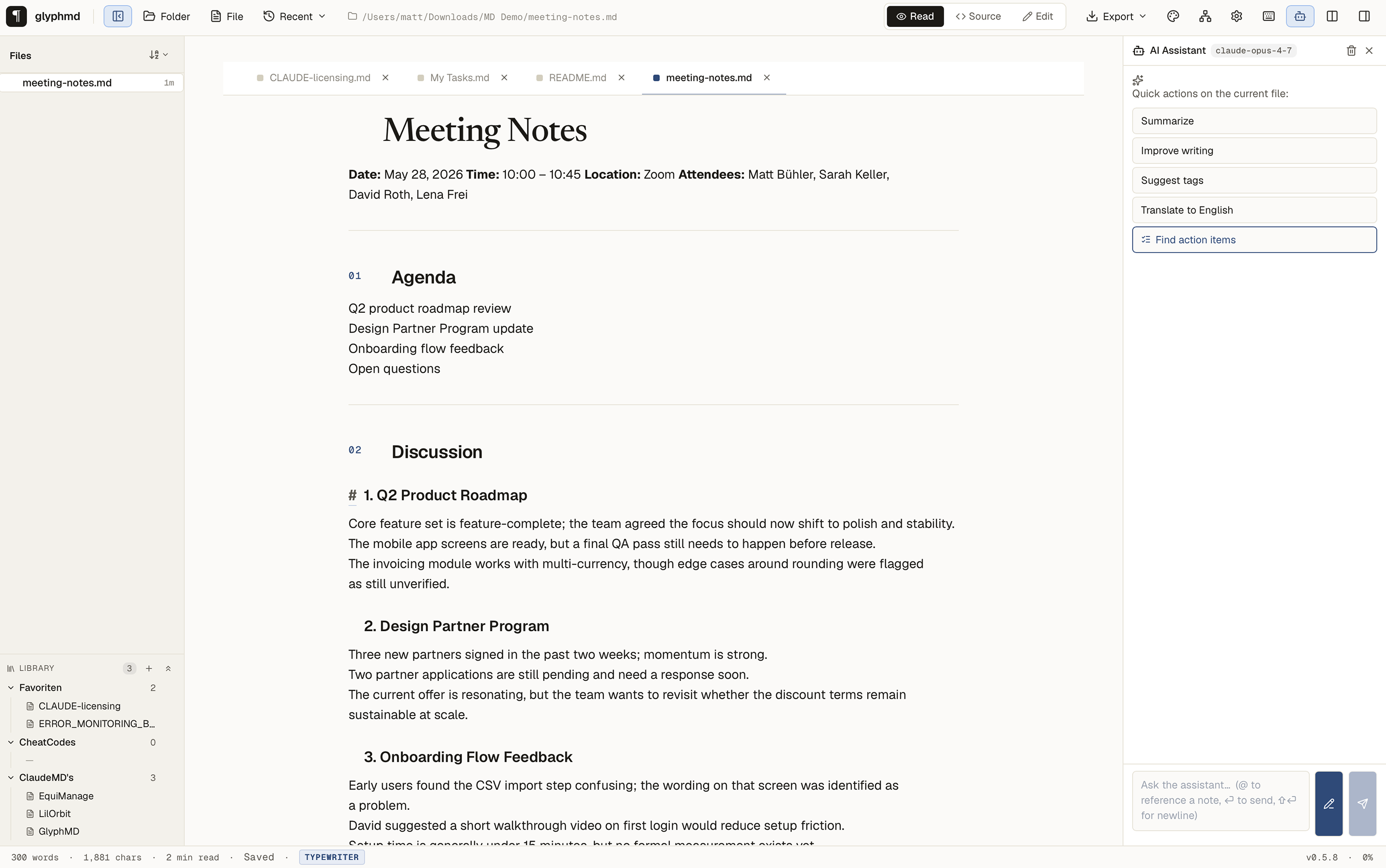 glyphmd app window with a meeting note open, AI sidebar showing extracted action items, and a side pane with the generated todo file