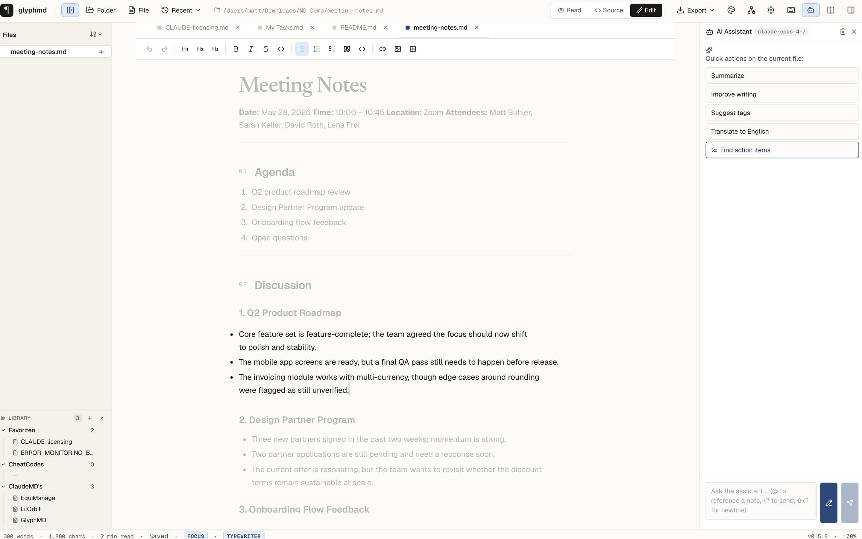 Focus Mode dims every paragraph except the one being edited