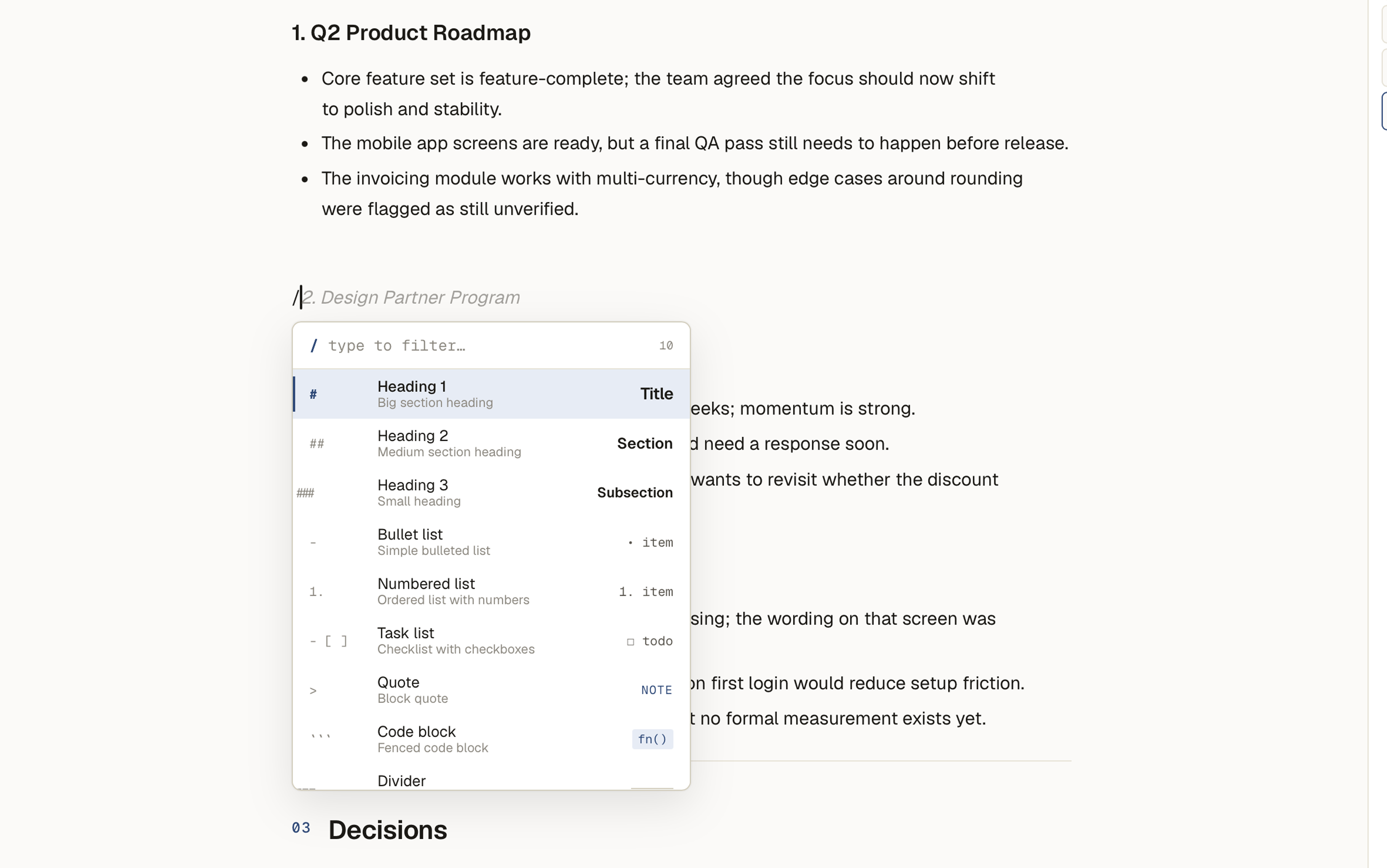 Slash menu showing markdown shorthand with typeset previews