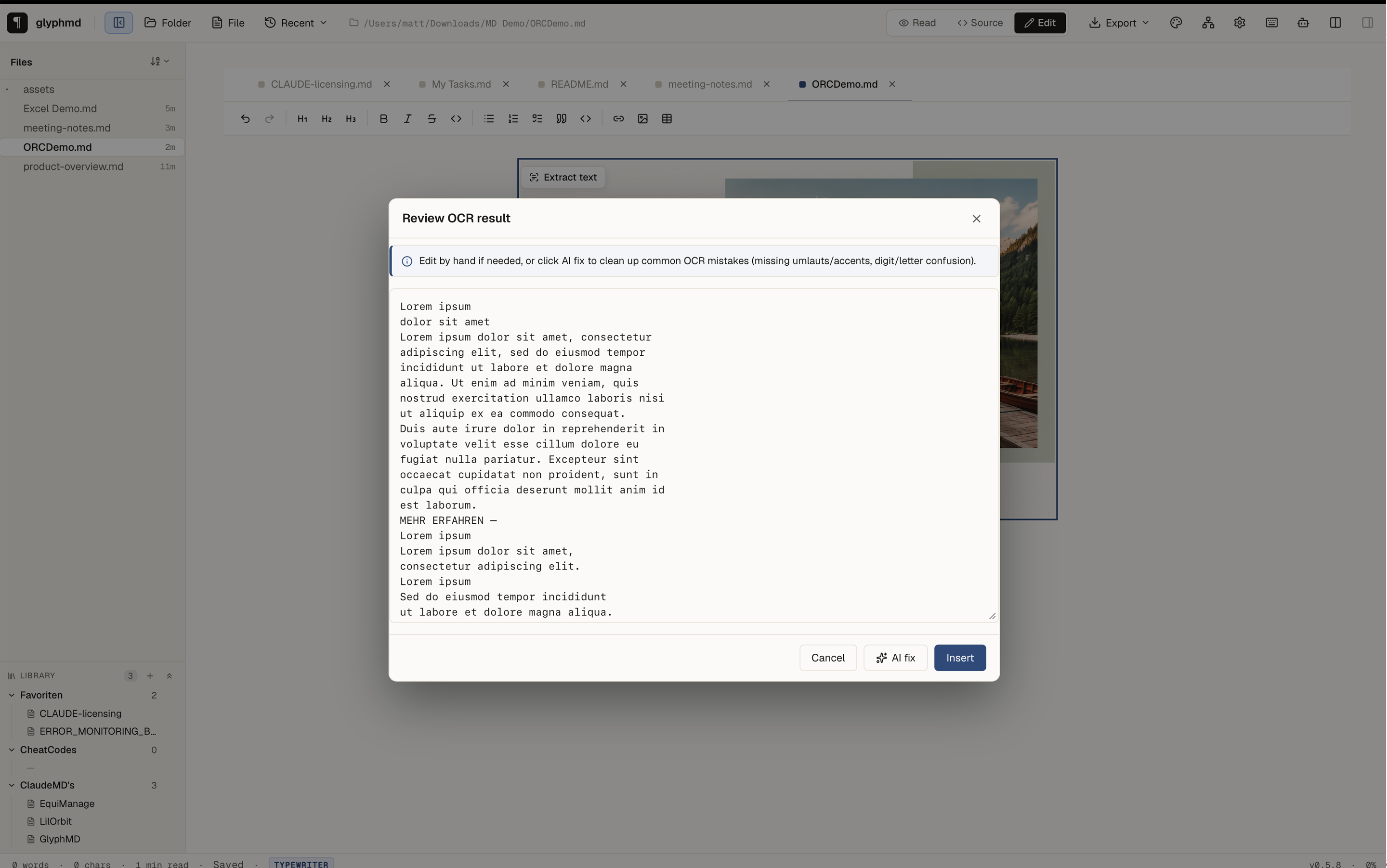 OCR review modal showing extracted text from a pasted screenshot
