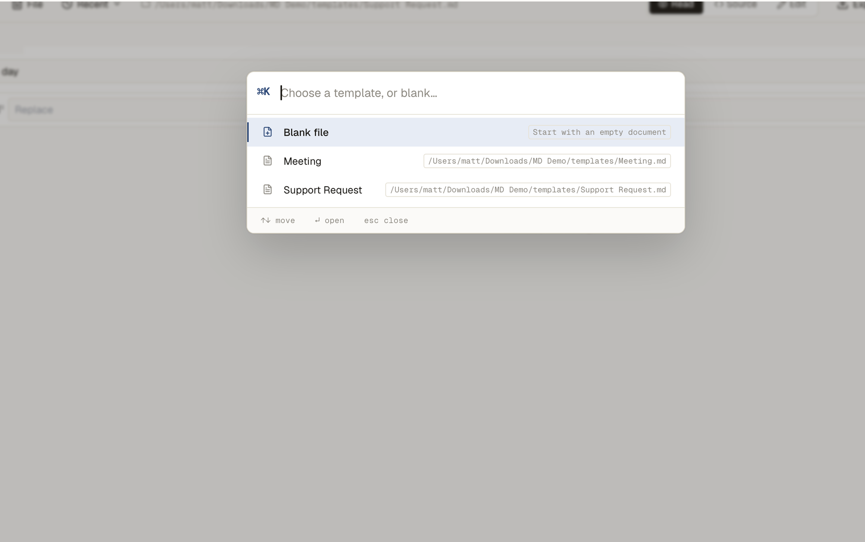 New file picker with Blank file and template choices