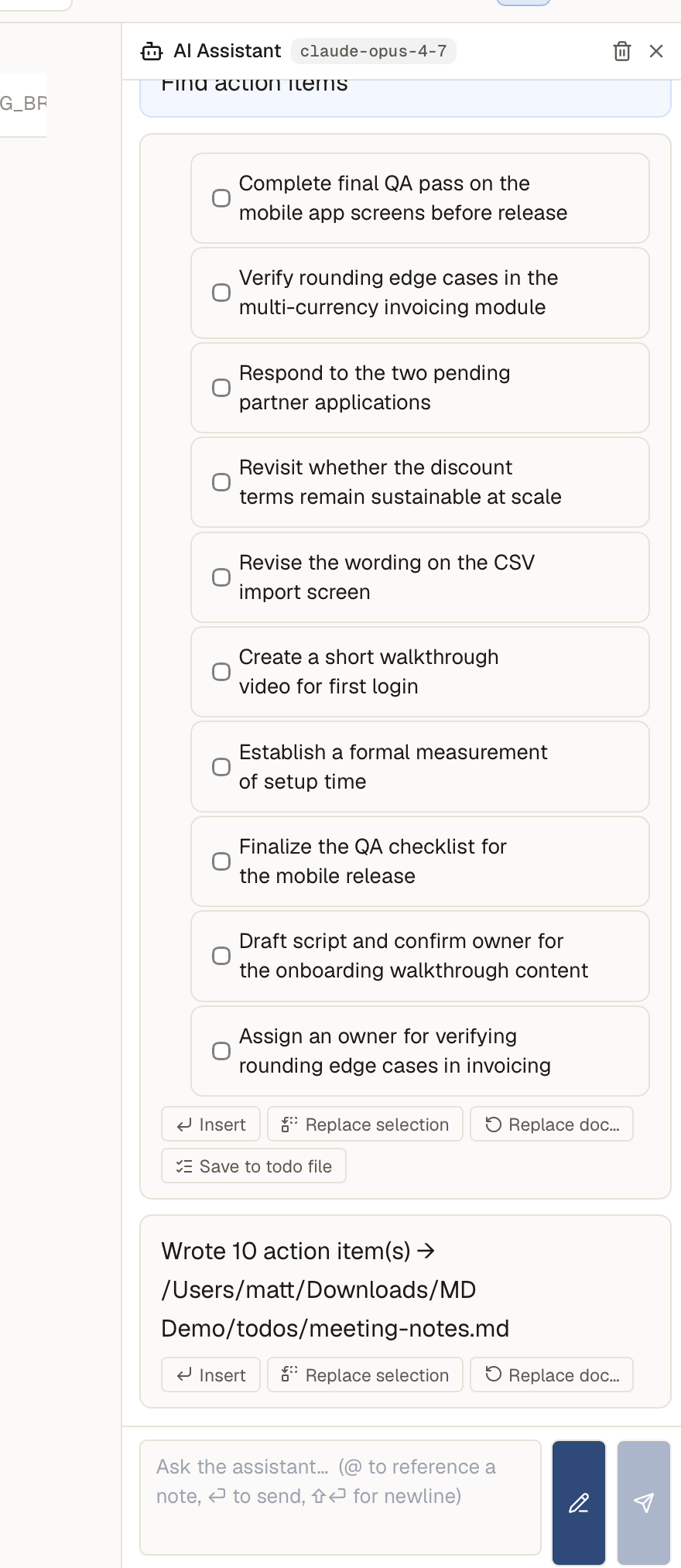 AI sidebar showing extracted action items and the Create todo file button